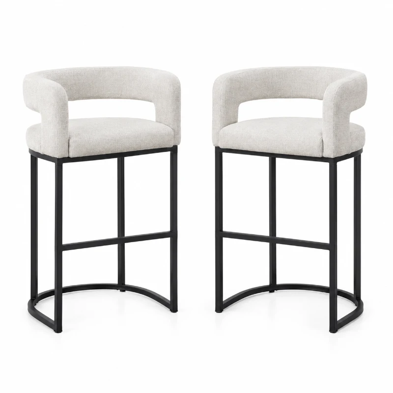 Modern Set of 2 Counter-Height Bar Stools with Chenille Upholstery, Ergonomic Kitchen Chairs with Metal Legs, 22'' L x 20" W x 36" H, White