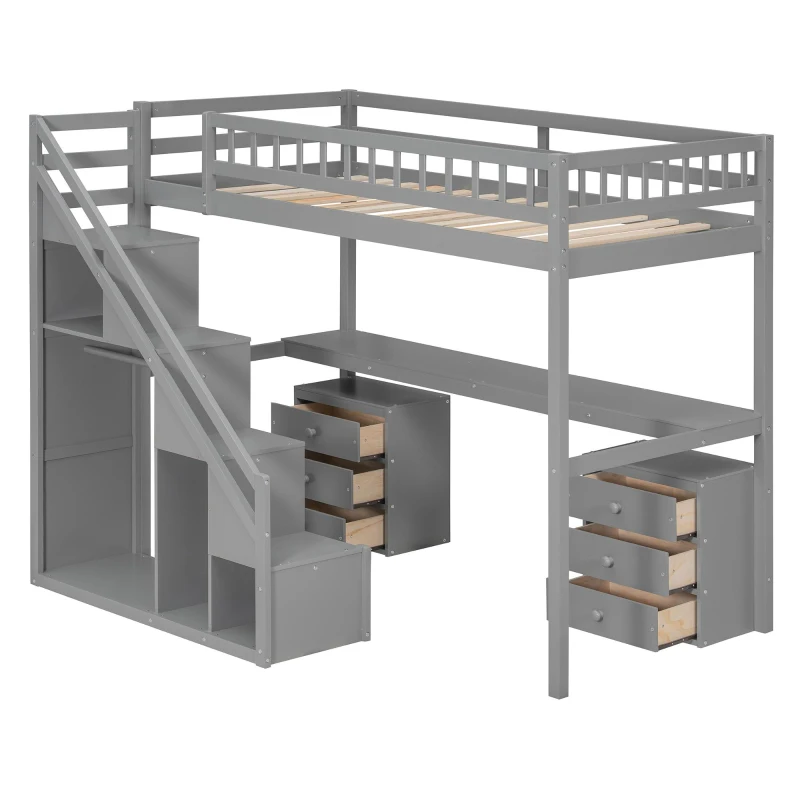 Modern Twin Loft Bed with Desk and Side Staircase, Space-Saving Storage Bed with 2 Drawers and LED Light, 79" L x 59.5" W x 68" H, Gray