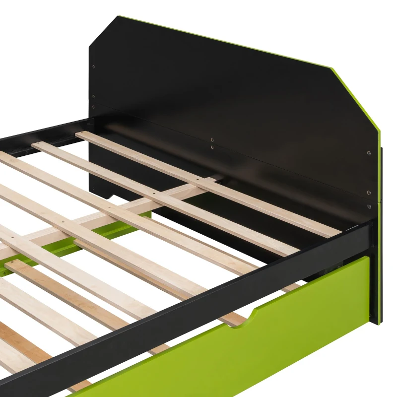 Chic Full-Size Wooden Daybed with Twin Trundle and Desk, Sturdy Bed with USB Port and Cable Management, 92" L x 58" W x 35.5" H, Green