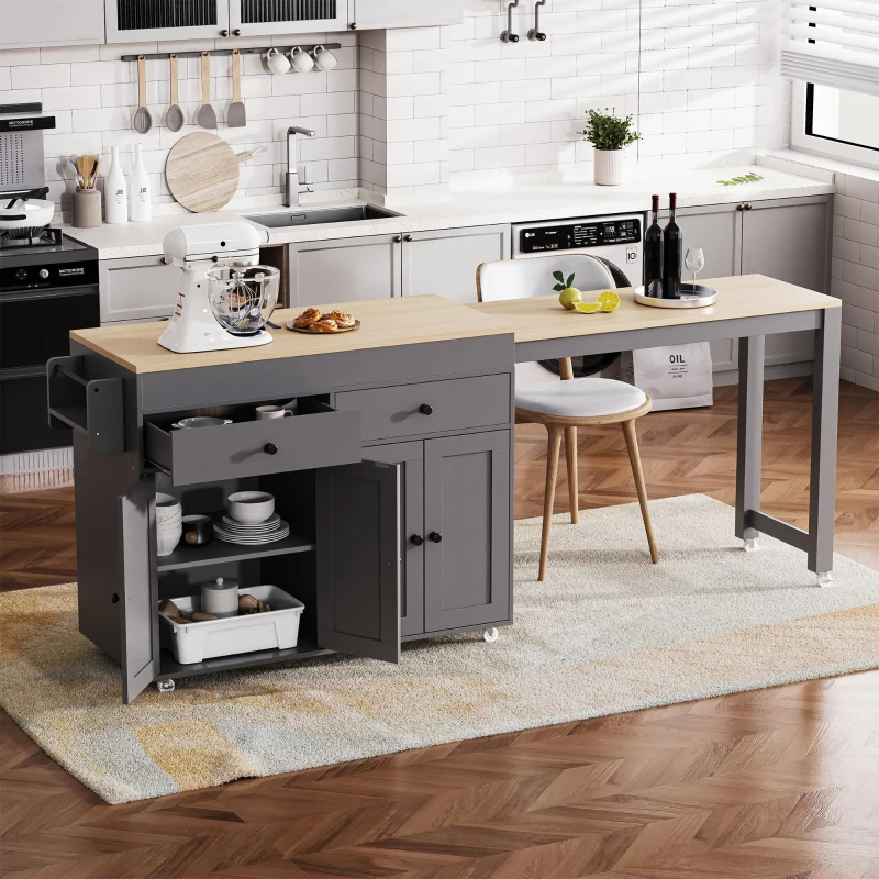 Chic Rolling Kitchen Island with Extendable Dining Table, Space-Saving Storage Cart with 4 Doors and 2 Drawers, 74.5" L x 19.5" W x 36" H, Grey