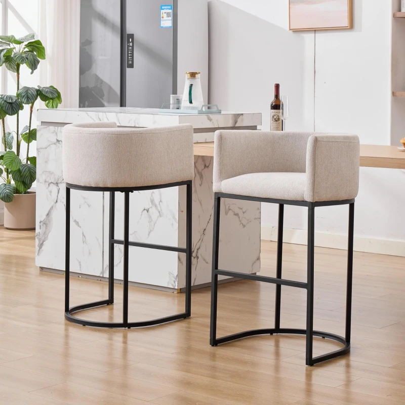 Set of 2 Counter-Height Stools with Chenille Upholstery, Soft Dining Chairs with Armrests and Footrests, 22'' L x 20" W x 36" H, White
