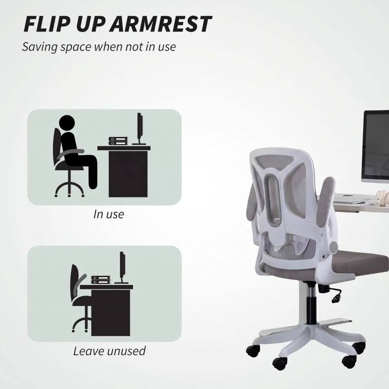HOMCOM Ergonomic Office Chair, Swivel Desk Chair with Adjustable Lumbar Support and Height, Flip-up Armrests, Wheels, Grey