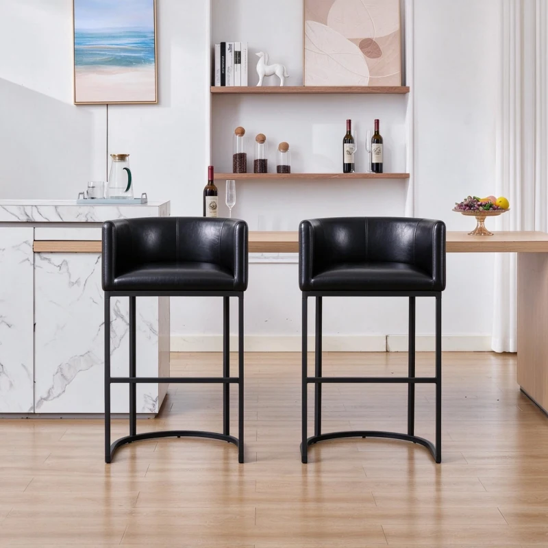 Elegant Set of 2 Counter-Height Bar Stools with PU Leather, Comfortable Kitchen Chairs with Armrests and Footrests, 22'' L x 20" W x 36" H, Black