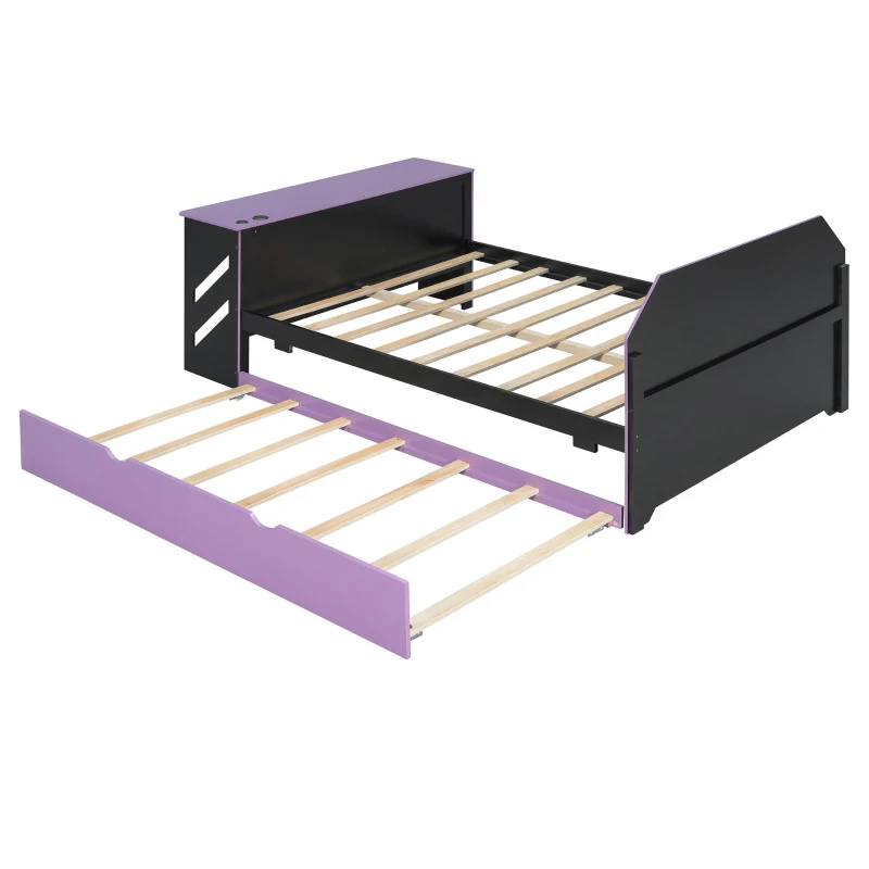 Modern Full-Size Daybed with Twin Trundle and Desk, Sturdy Sofa Bed with USB Port and Cable Management, 92" L x 58" W x 35.5" H, Purple