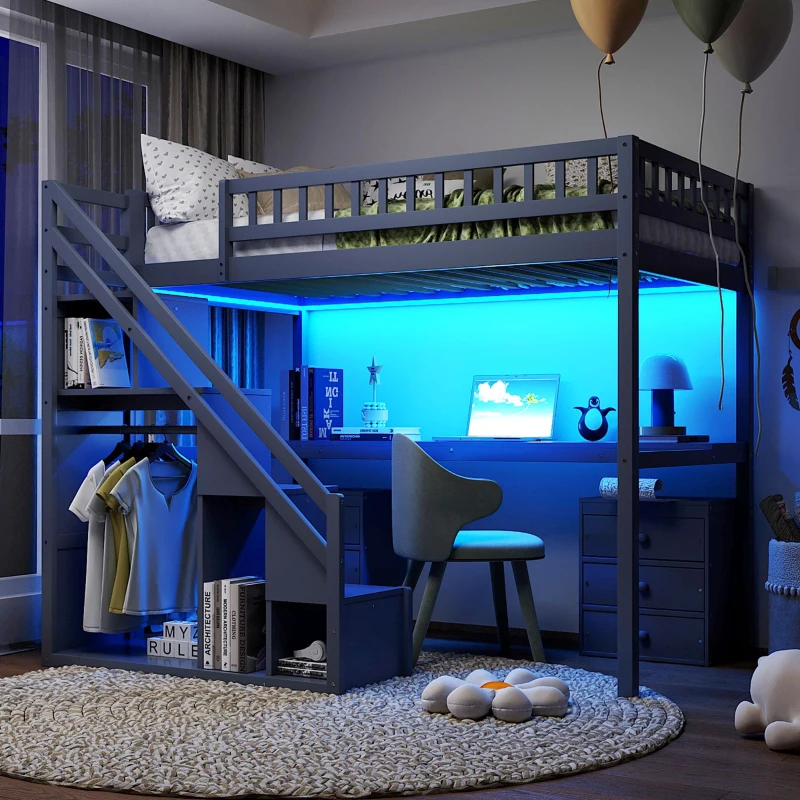 Modern Twin Loft Bed with Desk and Side Staircase, Space-Saving Storage Bed with 2 Drawers and LED Light, 79" L x 59.5" W x 68" H, Gray