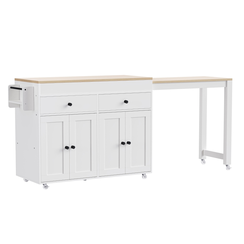 Chic Rolling Kitchen Island with Extendable Dining Table, Space-Saving Storage Cart with 4 Doors and 2 Drawers, 74.5" L x 19.5" W x 36" H, Off White