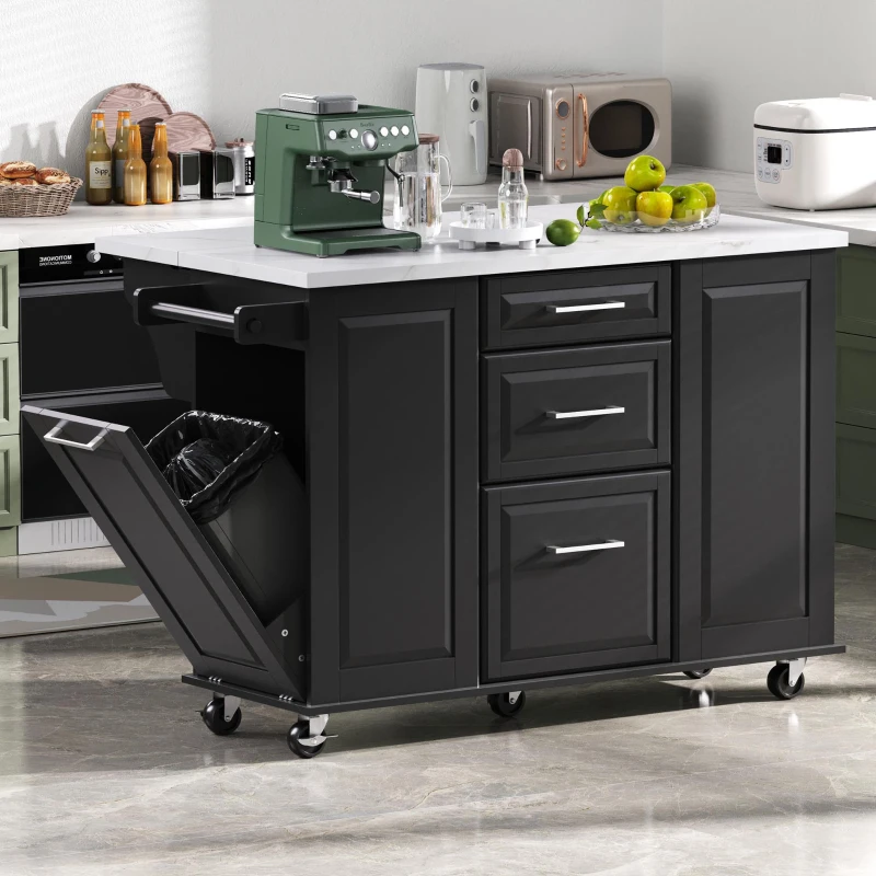 Vintage Rolling Kitchen Island with Drop-Leaf Countertop and Trash Bin, Multifunctional Storage Cart for Kitchen, 50.5" L x 26.5" W x 35.5" H, Black