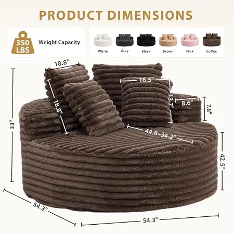 Plush Oversized Round Lounge Chair with Segmented Backrest, Velour Sofa with 4 Pillows and No Assembly, 54.5'' L x 54.5" W x 33" H, Brown