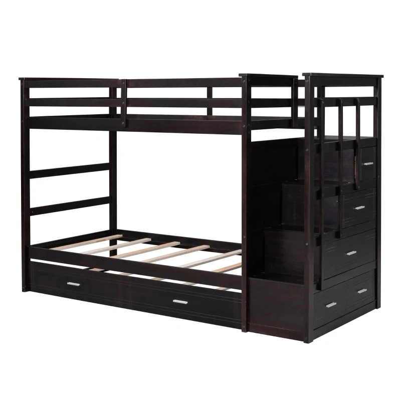 Elegant Twin-over-Twin Bunk Bed with Trundle and 4 Storage Drawers, Sturdy Bed with Staircase and Slat Kit, 97" L x 42.5" W x 65.5" H, Espresso