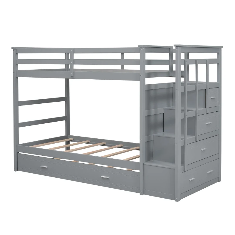 Modern Twin-over-Twin Bunk Bed with Trundle and 4 Storage Drawers, Sturdy Wooden Bed with Side Staircase, 97" L x 42.5" W x 65.5" H, Gray