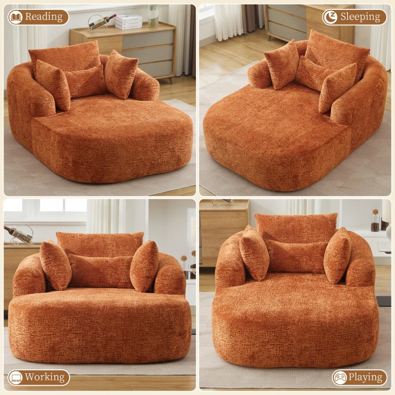 Plush Oversized Chaise Lounge with Deep Seat and Pillows, Versatile Sleeper Sofa with Corduroy and Armrests, 57.5'' L x 51.5" W x 32" H, Orange