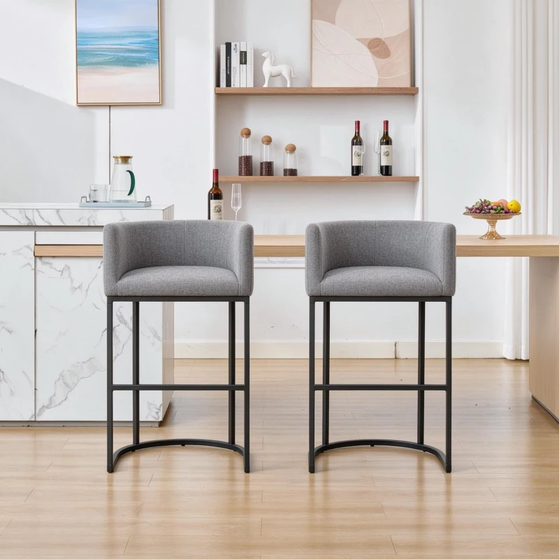 Set of 2 Counter-Height Stools with Chenille Upholstery, Soft Dining Chairs with Armrests and Footrests, 22'' L x 20" W x 36" H, Light Grey