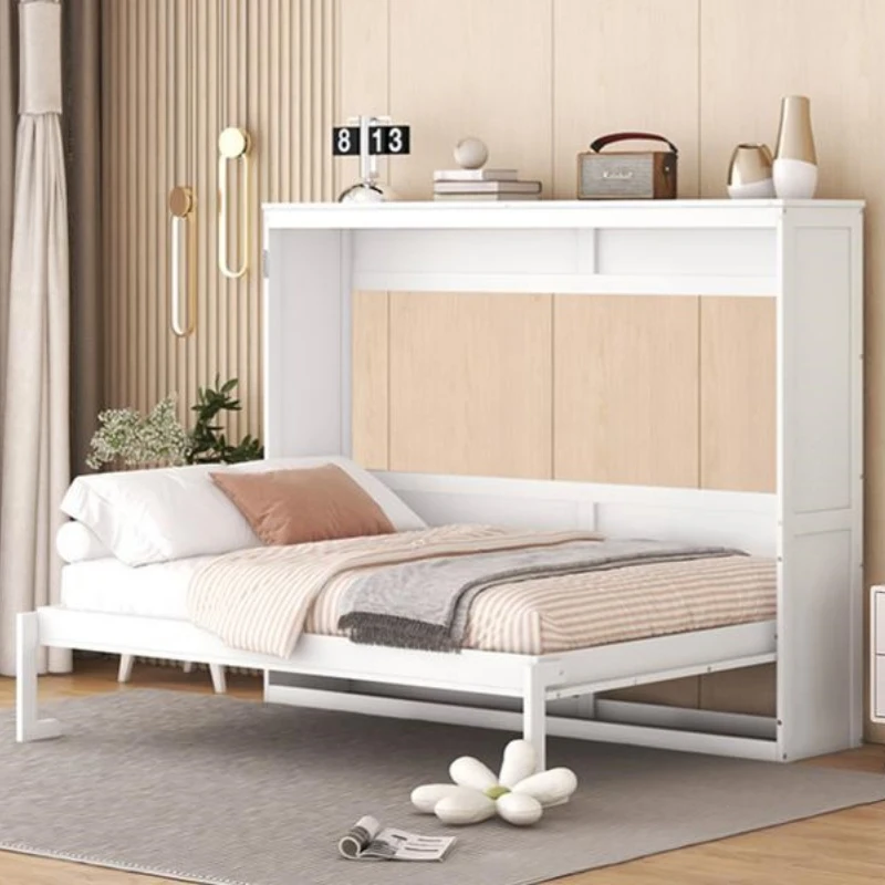 Chic Full-Size Murphy Wall Bed with Dual-Piston Mechanism, Modern Folding Cabinet Bed for Guest Room, 77.5" L x 61.5" W x 62" H, White