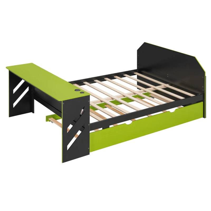 Chic Full-Size Wooden Daybed with Twin Trundle and Desk, Sturdy Bed with USB Port and Cable Management, 92" L x 58" W x 35.5" H, Green