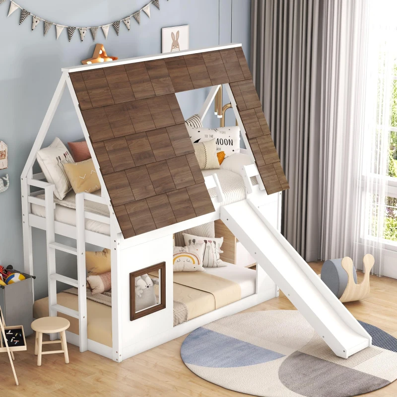 Chic Wood House Bunk Bed with Roof, Ladder and Slide, Kid-Friendly Twin Bed for Bedroom Kids Room, 78.5" L x 41.5" W x 81.5" H, White+Brown