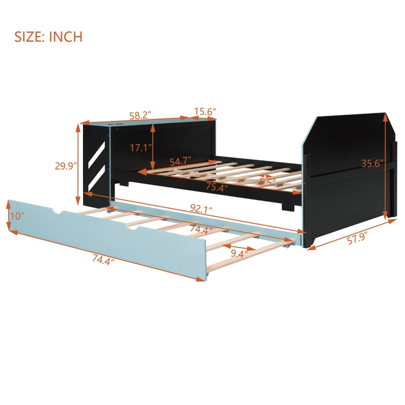 Sleek Full-Size Daybed with Twin Trundle and Desk, Modern Gaming Bed with USB Port and Cable Management, 92" L x 58" W x 35.5" H, Blue