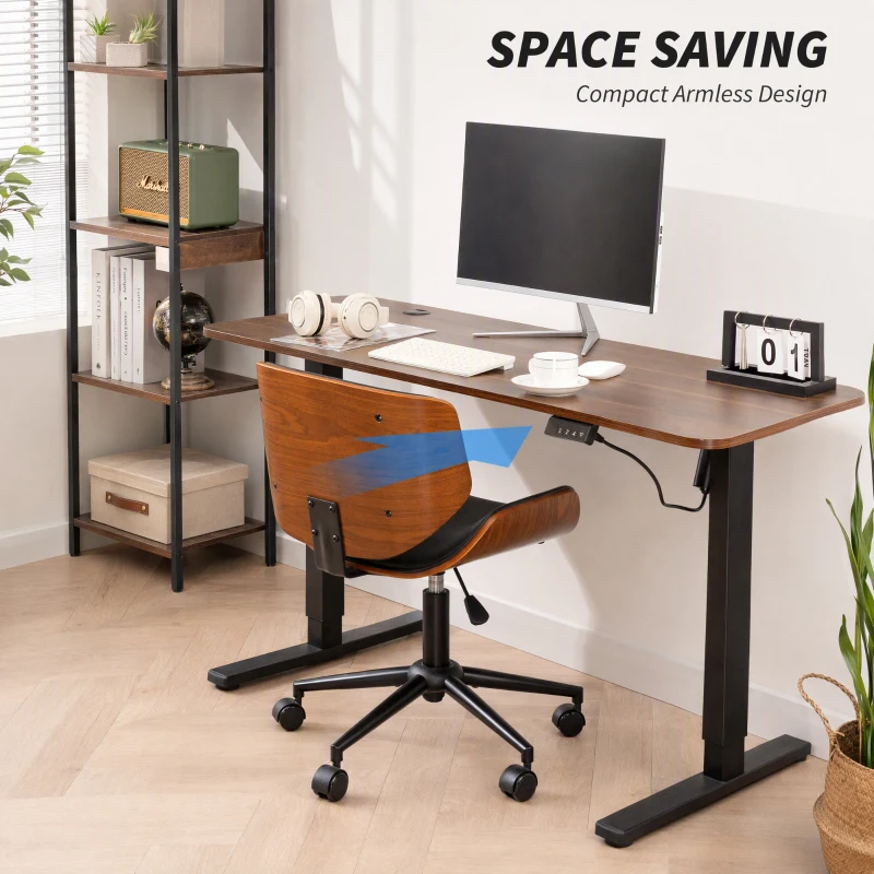 HOMCOM Mid-Century Modern Office Chair No Arms with Wheels, Small Computer Desk Chair with PU Leather Upholstery, Bentwood