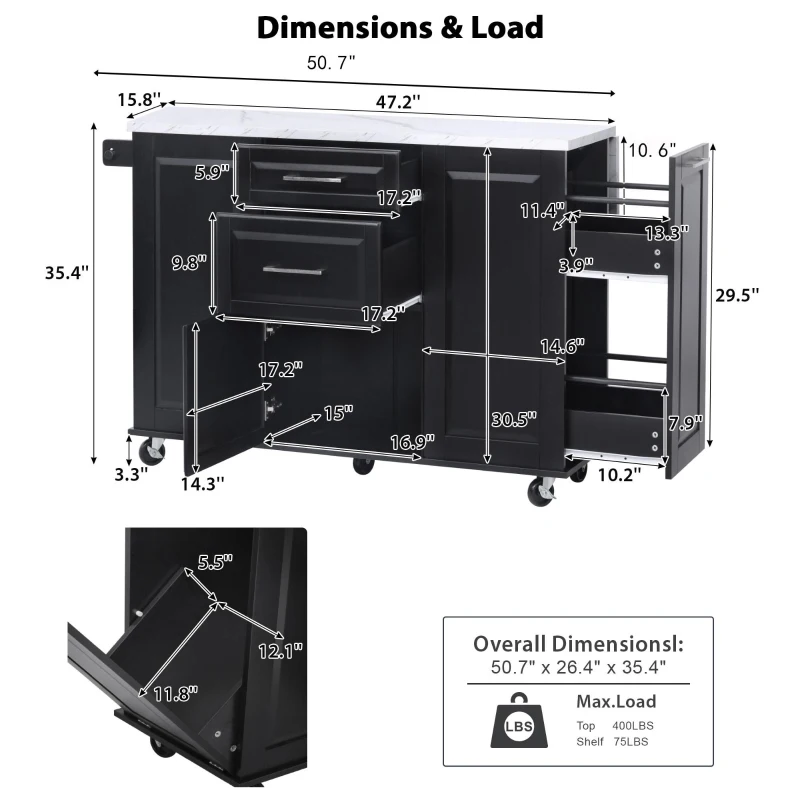 Vintage Rolling Kitchen Island with Drop-Leaf Countertop and Trash Bin, Multifunctional Storage Cart for Kitchen, 50.5" L x 26.5" W x 35.5" H, Black
