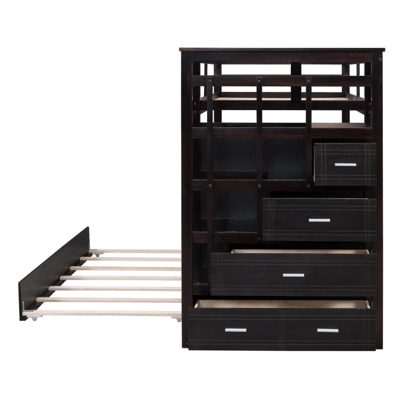 Elegant Twin-over-Twin Bunk Bed with Trundle and 4 Storage Drawers, Sturdy Bed with Staircase and Slat Kit, 97" L x 42.5" W x 65.5" H, Espresso
