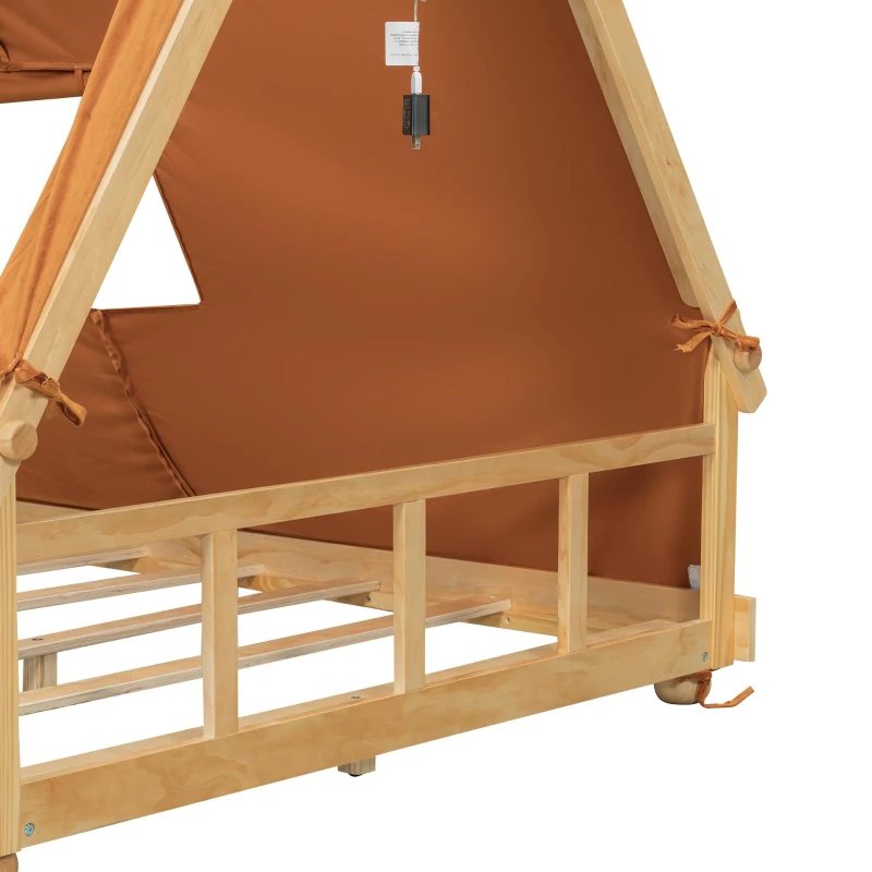 Modern Full-Size House Bed with Detachabl Tent, Sturdy Wooden Platform Bed with Skylight and 8 Slats, 79.5" L x 57.5" W x 63" H, Brown