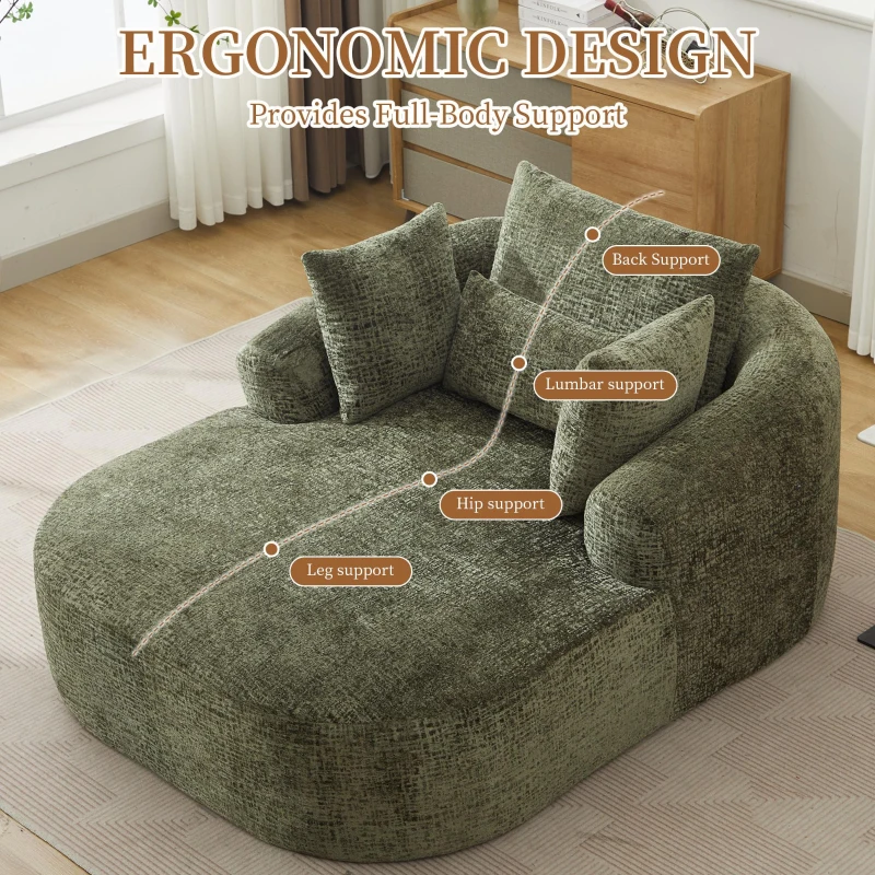 Plush Oversized Chaise Lounge with Deep Seat and Pillows, Versatile Sleeper Sofa with Corduroy and Armrests, 57.5'' L x 51.5" W x 32" H, Green