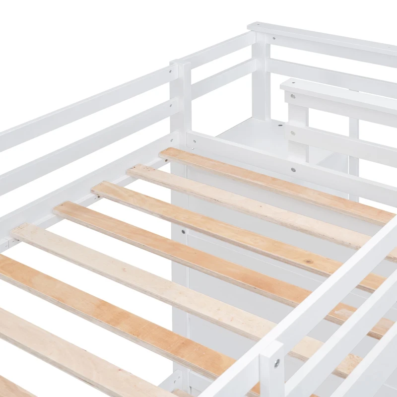 Elegant Twin-over-Twin Bunk Bed with Trundle and 4 Storage Drawers, Sturdy Pine Bed with Staircase and Slats, 97" L x 42.5" W x 65.5" H, White