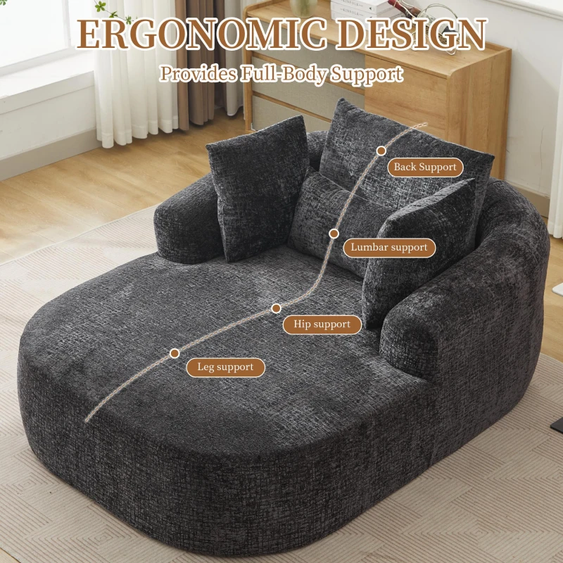 Plush Oversized Chaise Lounge with Deep Seat and Pillows, Versatile Sleeper Sofa with Corduroy and Armrests, 57.5'' L x 51.5" W x 32" H, Grey