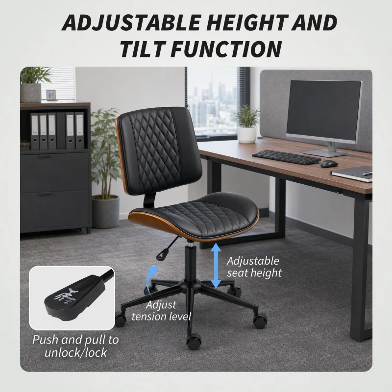HOMCOM Office Chair No Arms with Wheels, PU Leather Desk Chair with Adjustable Height, Swivel Wheels for Office, Black