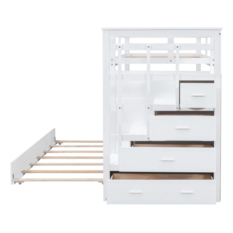 Elegant Twin-over-Twin Bunk Bed with Trundle and 4 Storage Drawers, Sturdy Pine Bed with Staircase and Slats, 97" L x 42.5" W x 65.5" H, White