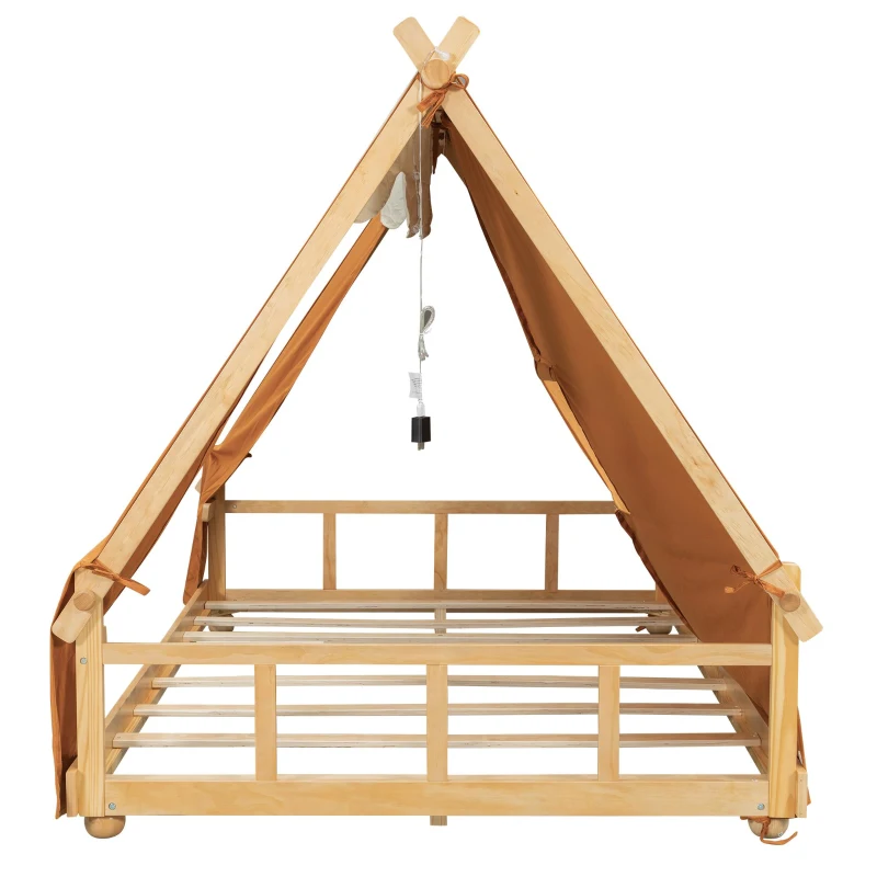 Modern Full-Size House Bed with Detachabl Tent, Sturdy Wooden Platform Bed with Skylight and 8 Slats, 79.5" L x 57.5" W x 63" H, Brown