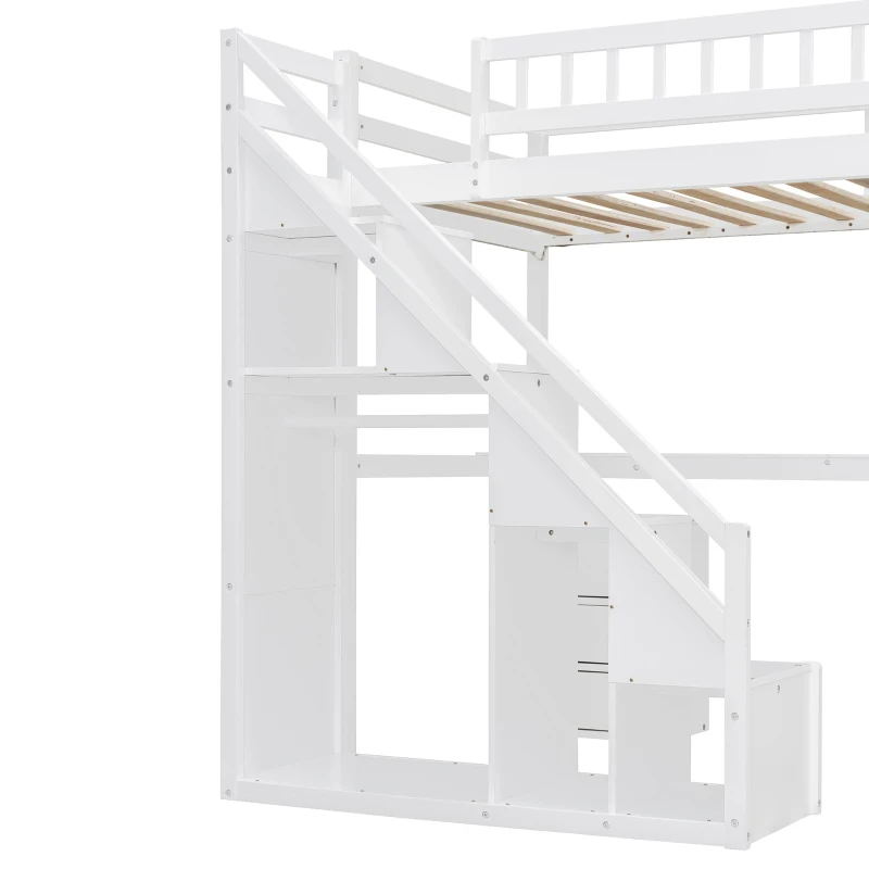 Chic Twin Loft Bed with Desk and 7-Color LED Lights, Space-Saving Storage Bed with 2 Drawers and Stairs, 79" L x 59.5" W x 68" H, White