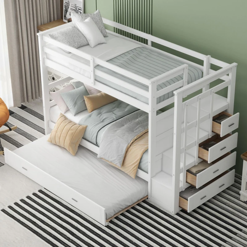 Elegant Twin-over-Twin Bunk Bed with Trundle and 4 Storage Drawers, Sturdy Pine Bed with Staircase and Slats, 97" L x 42.5" W x 65.5" H, White