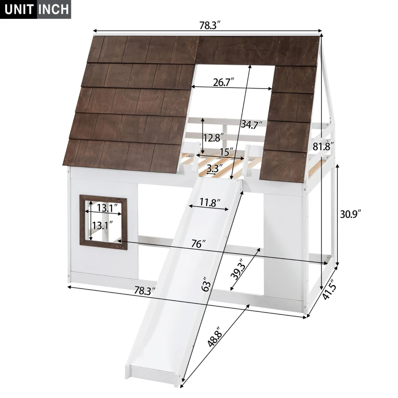 Chic Wood House Bunk Bed with Roof, Ladder and Slide, Kid-Friendly Twin Bed for Bedroom Kids Room, 78.5" L x 41.5" W x 81.5" H, White+Brown