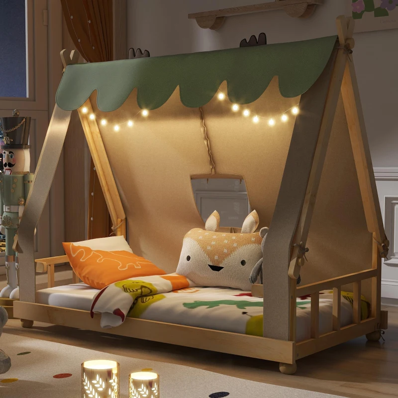 Whimsical Twin House Bed with Detachable Tent and Skylight, Sturdy Kids Wooden Platform Bed with 8 Slats, 79.5" L x 41" W x 63" H, White