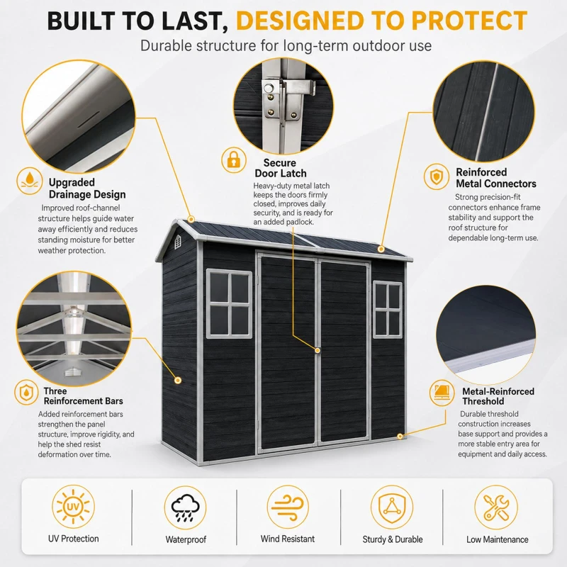 Durable Resin Storage Shed with Padlock-Ready Doors and Air Vents, Weatherproof Garden Shed for Backyard, 95.5" L x 52.5" W x 81" H, Black