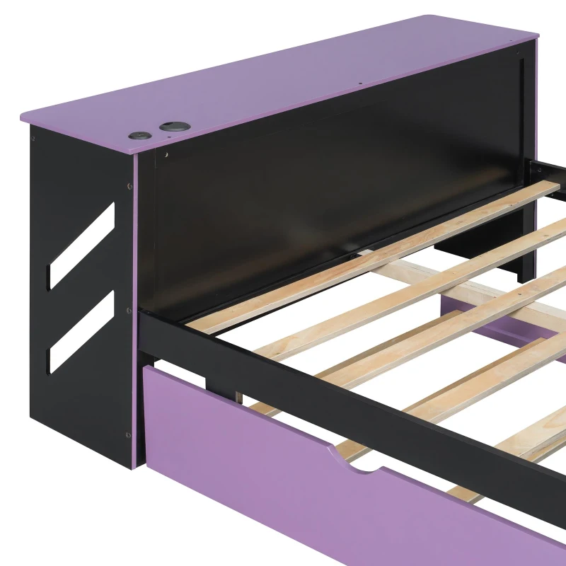 Modern Full-Size Daybed with Twin Trundle and Desk, Sturdy Sofa Bed with USB Port and Cable Management, 92" L x 58" W x 35.5" H, Purple