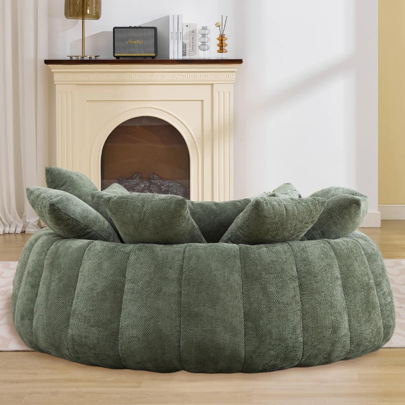 Charming Bean Bag Sofa with Chenille Upholstery and 14 Pillows, Spacious Chaise Lounge for Living Room, 71.5'' L x 65.5"W x 30.5" H, Olive Green