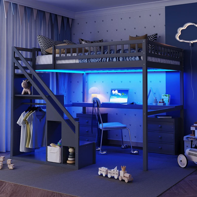 Elegant Full-Size Loft Bed with Desk and 2 Drawers, Chic Storage Bed with Side Staircase and LED Light, 79" L x 74.5" W x 68" H, Gray