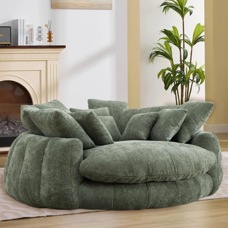 Charming Bean Bag Sofa with Chenille Upholstery and 14 Pillows, Spacious Chaise Lounge for Living Room, 71.5'' L x 65.5"W x 30.5" H, Olive Green