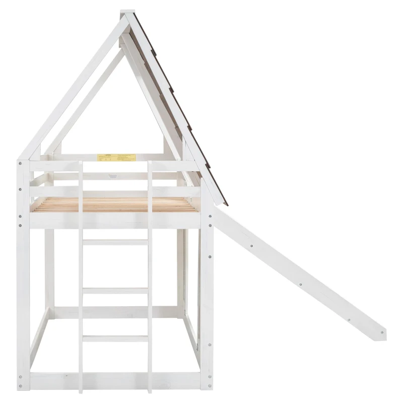 Chic Wood House Bunk Bed with Roof, Ladder and Slide, Kid-Friendly Twin Bed for Bedroom Kids Room, 78.5" L x 41.5" W x 81.5" H, White+Brown