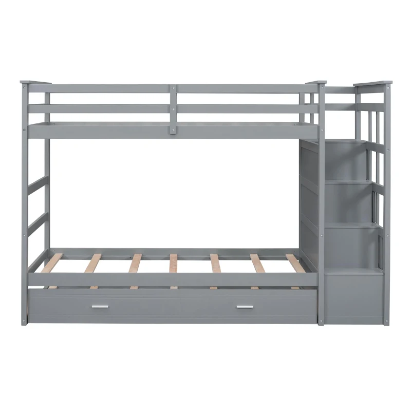 Modern Twin-over-Twin Bunk Bed with Trundle and 4 Storage Drawers, Sturdy Wooden Bed with Side Staircase, 97" L x 42.5" W x 65.5" H, Gray