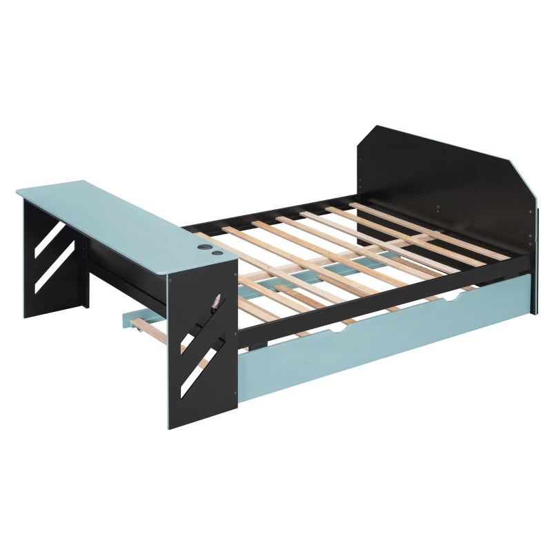 Sleek Full-Size Daybed with Twin Trundle and Desk, Modern Gaming Bed with USB Port and Cable Management, 92" L x 58" W x 35.5" H, Blue