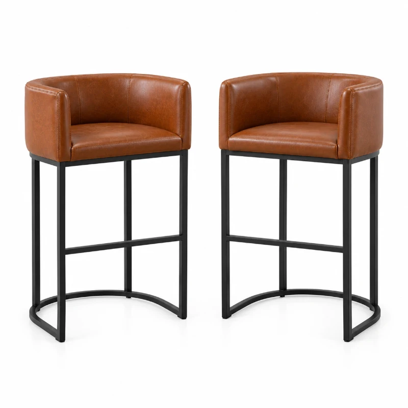 Elegant Set of 2 Counter-Height Bar Stools with PU Leather, Comfortable Kitchen Chairs with Armrests and Footrests, 22'' L x 20" W x 36" H, Brown