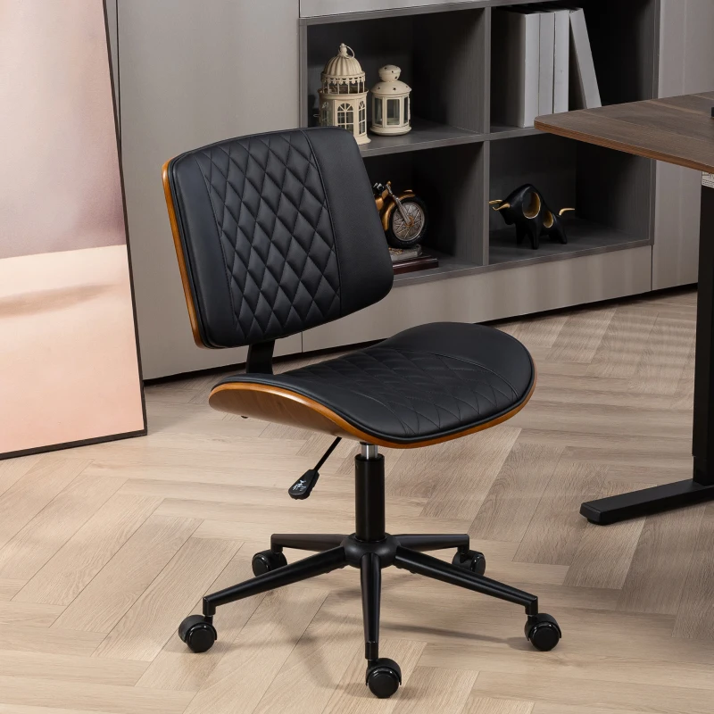 HOMCOM Office Chair No Arms with Wheels, PU Leather Desk Chair with Adjustable Height, Swivel Wheels for Office, Black