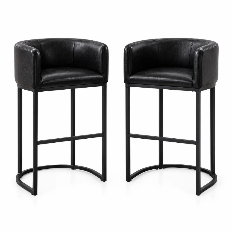 Elegant Set of 2 Counter-Height Bar Stools with PU Leather, Comfortable Kitchen Chairs with Armrests and Footrests, 22'' L x 20" W x 36" H, Black