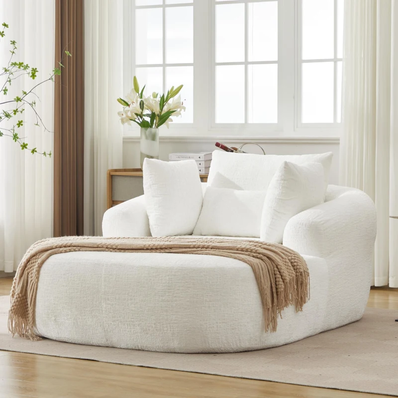 Plush Oversized Chaise Lounge with Deep Seat and Pillows, Versatile Sleeper Sofa with Corduroy and Armrests, 57.5'' L x 51.5" W x 32" H, White