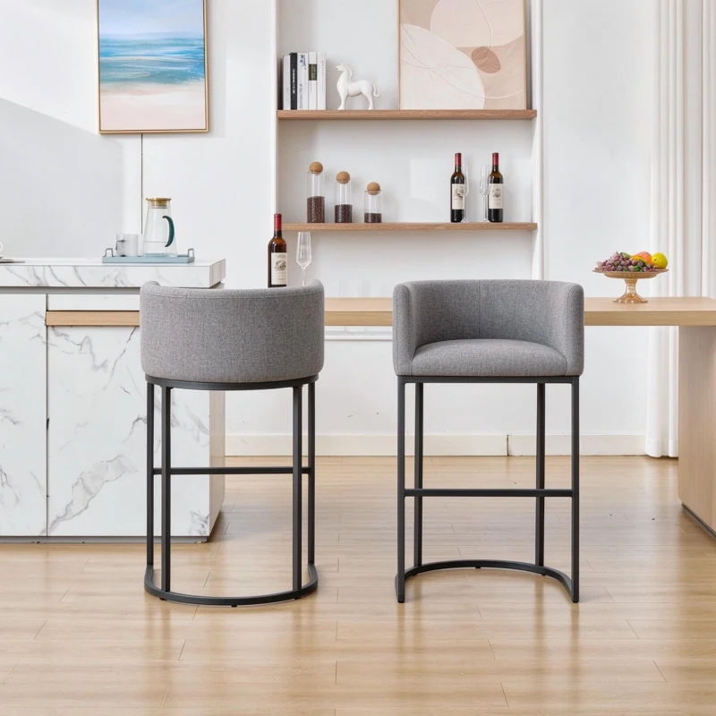 Set of 2 Counter-Height Stools with Chenille Upholstery, Soft Dining Chairs with Armrests and Footrests, 22'' L x 20" W x 36" H, Light Grey