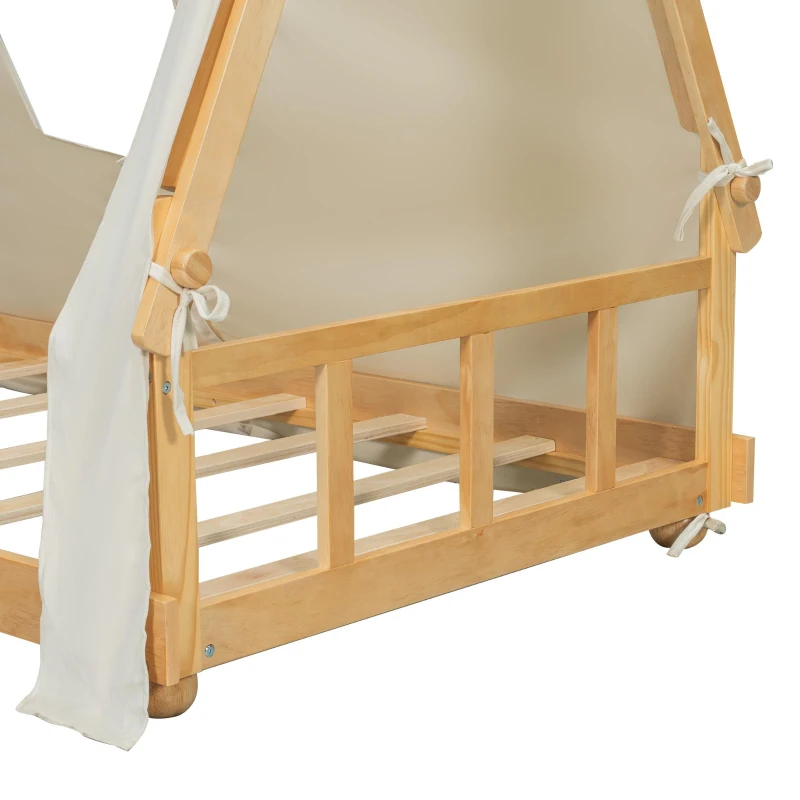 Whimsical Twin House Bed with Detachable Tent and Skylight, Sturdy Kids Wooden Platform Bed with 8 Slats, 79.5" L x 41" W x 63" H, White