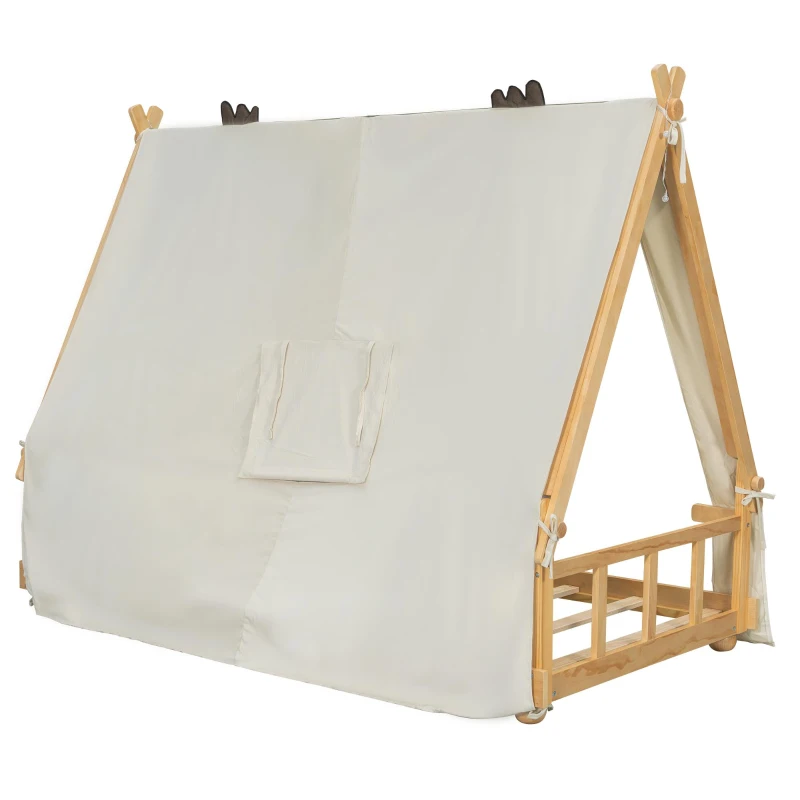 Whimsical Twin House Bed with Detachable Tent and Skylight, Sturdy Kids Wooden Platform Bed with 8 Slats, 79.5" L x 41" W x 63" H, White