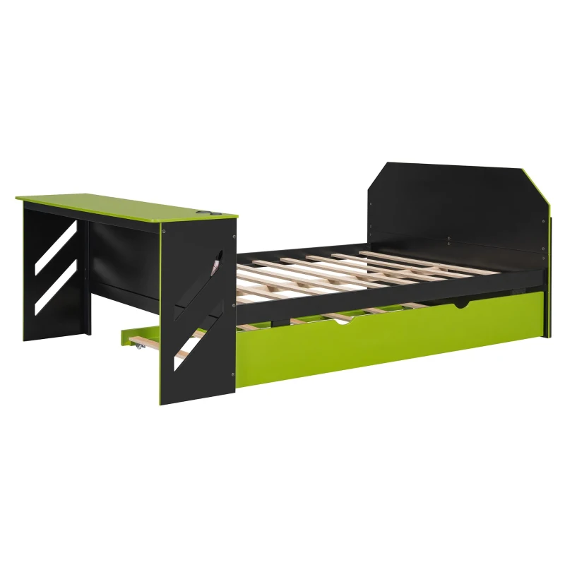 Chic Full-Size Wooden Daybed with Twin Trundle and Desk, Sturdy Bed with USB Port and Cable Management, 92" L x 58" W x 35.5" H, Green